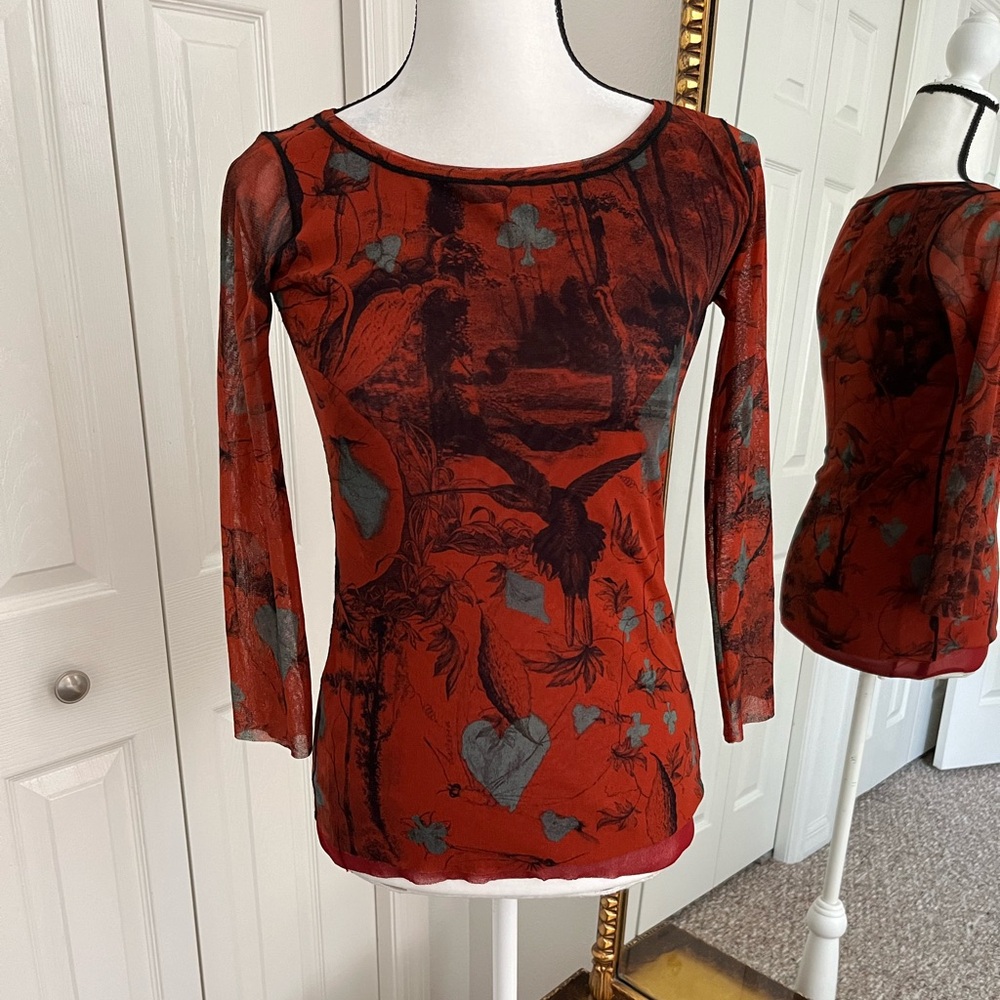 Sheer Red Graphic Long-Sleeve Women's Top